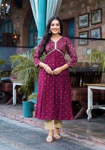 Label Khoj Women Rayon print A line Alia kurta with Pocket