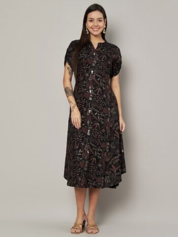 Label Khoj Women's Black Rayon Printed Midi Dress