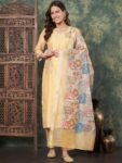 Label Khoj Women's Yellow Chanderi Embroidered Kurta with Pant and Yellow Dupatta