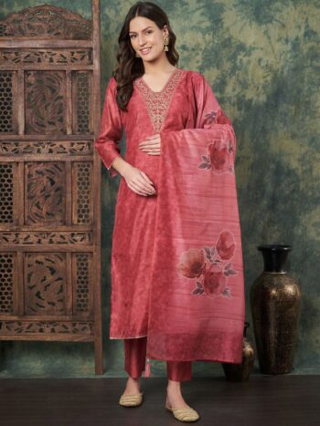 Label Khoj Women's Red Chanderi Embroidered Kurta with Pant and Red Dupatta