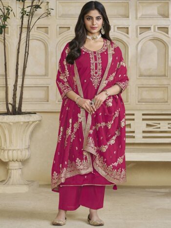 Label Khoj Women Roman Silk Embroidery  Work Rani Color Kurta & Bottom With Dupatta  Set