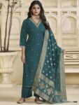 Label Khoj Women Roman Silk Embroidery  Work Firoji Color Kurta & Bottom With Dupatta  Set
