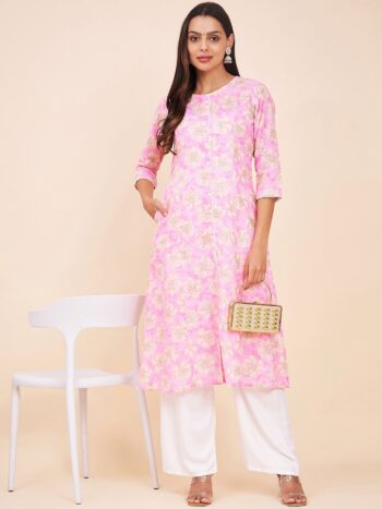 Label Khoj Women Cotton Pink Floral Kurta