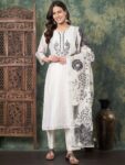 Label Khoj Women's White Chanderi Embroidered Kurta with Pant and White Dupatta