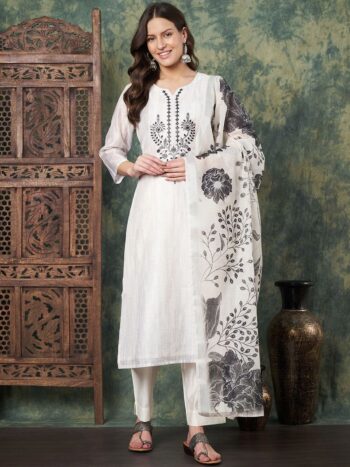 Label Khoj Women's White Chanderi Embroidered Kurta with Pant and White Dupatta