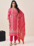 Label khoj Pure viscose maslin with hand work Kurta ,trouser and dupptta setRANI Color