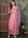 Label Khoj Women's Peach Chanderi Embroidered Kurta with Pant and Peach Dupatta