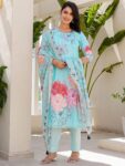 Label Khoj Women Lilen priint kurta, trouser and dupptta set