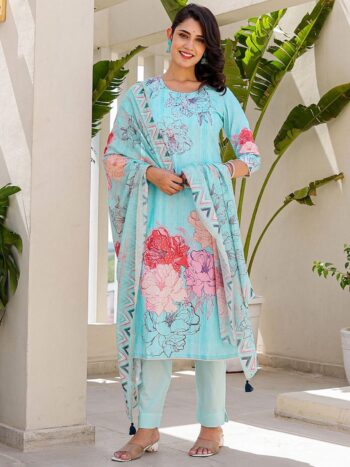 Label Khoj Women Lilen priint kurta, trouser and dupptta set