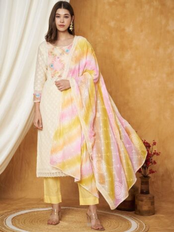 Label Khoj Women's Yellow Cotton Jacquard Patch Work Kurta with Pant and Dupatta