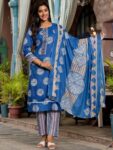 Label Khoj Women Cotton Printed Kurta And Trouser With Dupptta Set Cotton Blue Color