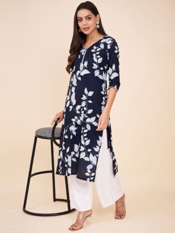 Label Khoj Women Navy Floral Cotton Kurta