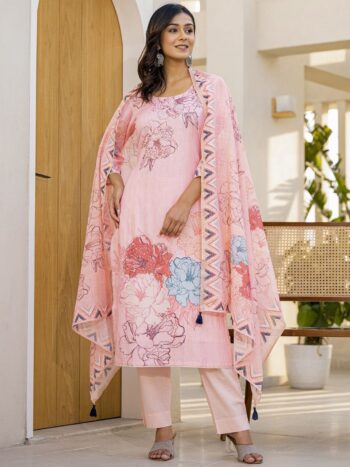 Label Khoj Women Lilen priint kurta, trouser and dupptta set