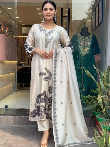 Label Khoj Women's White Muslin Hand Work Kurta with Pant and White Dupatta