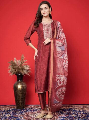 Label khoj chanderi kurta with bottom and dupptta setMaroon Color
