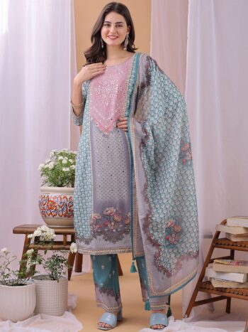 Label Khoj Women's Pink Silk Blend Handwork Kurta with Pant and Pink Dupatta