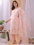 Label Khoj Women's Pink Silk Blend Thread Work Kurta with Pant and Pink Dupatta