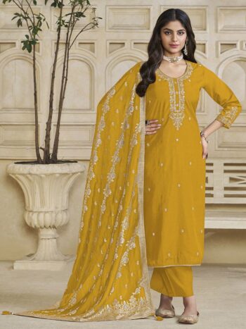Label Khoj Women Roman Silk Embroidery  Work Yellow Color Kurta & Bottom With Dupatta  Set