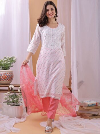 Label Khoj Women's White & Pink Chanderi Embroidered Kurta with Pant and Pink Dupatta