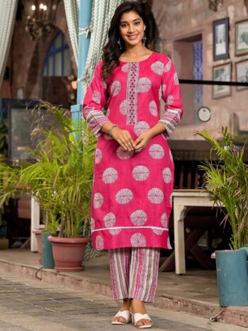 Label Khoj Women Cotton Printed Kurta And Trouser With Dupptta Set Cotton Pink Color