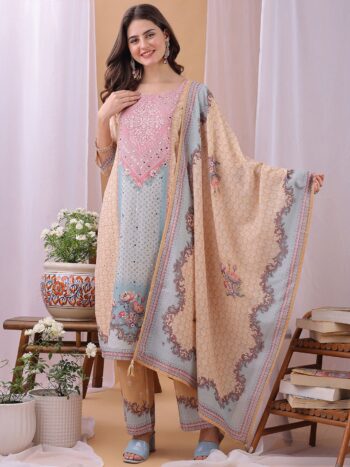 Label Khoj Women's Silk Blend Handwork Kurta with Pant and Dupatta