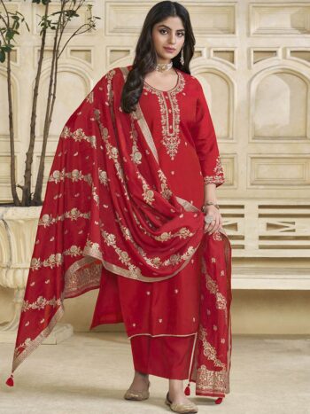Label Khoj Women Roman Silk Embroidery  Work Red Color Kurta & Bottom With Dupatta  Set