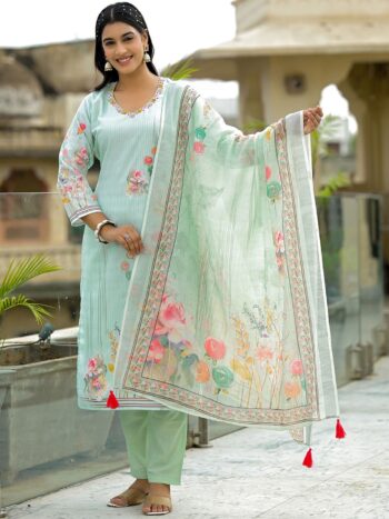 Label Khoj Women Lilen Print Kurta, Trouser And Dupptta Set Linen Green Color