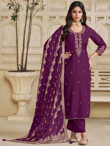 Label Khoj Women Roman Silk Embroidery  Work Voilet Color Kurta & Bottom With Dupatta  Set