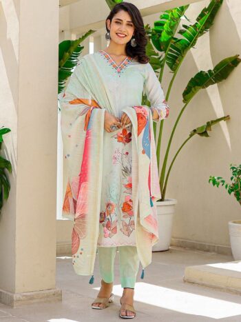 Label Khoj Women Lilen Print Kurta, Trouser And Dupptta Set Linen Green Color