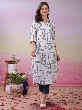 Label Khoj Women's White Polyester Embroidered Kurta