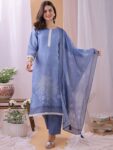 Label Khoj Women's Blue Linen Digital Printed With Stone Work Kurta with Pant and Blue Dupatta