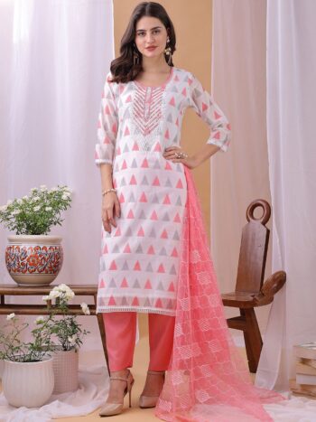 Label Khoj Women's White & Pink Chanderi Embroidered Kurta with Pant and Pink Dupatta