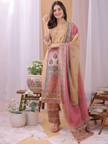 Label Khoj Women's Beige Silk Blend Handwork Kurta with Pant and Beige Dupatta