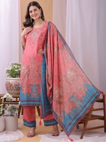 Label Khoj Women's Gajari Silk Blend Handwork Kurta with Pant and Gajari Dupatta