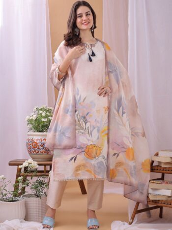 Label Khoj Women's Peach Linen Digital Printed With Applique Work Kurta with Pant and Peach Dupatta