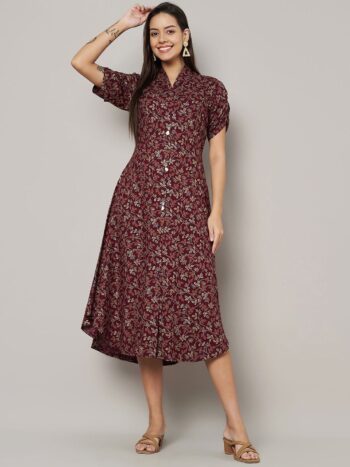 Label Khoj Women's Maroon Rayon Printed Midi Dress