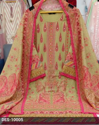 Label Khoj Women's London cotton print with mirror hand work Kurta with Pant and Dupatta