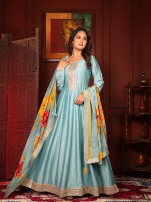 Label Khoj Women beads work Full length Anarkali with pure chinon dupatta