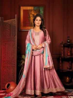 Label Khoj Women beads work Full length Anarkali with pure chinon dupatta