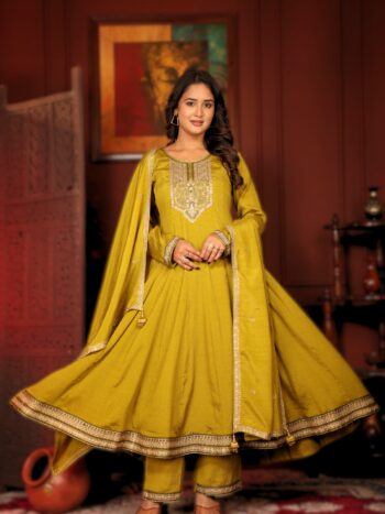 Label khoj Chinon butti Anarkali kurta With Pant and Dupatta Set