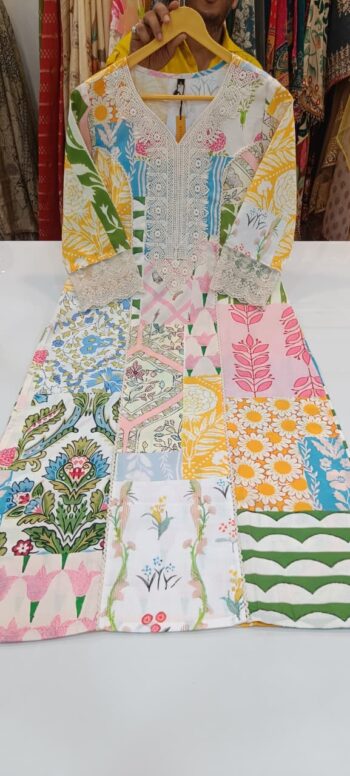 Label khoj linen printed kurti with Crochio neck work