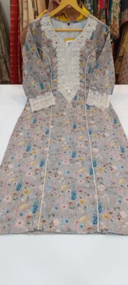 Label khoj linen printed kurti with Crochio neck work