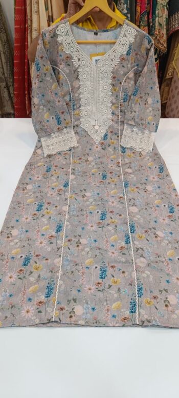 Label khoj linen printed kurti with Crochio neck work