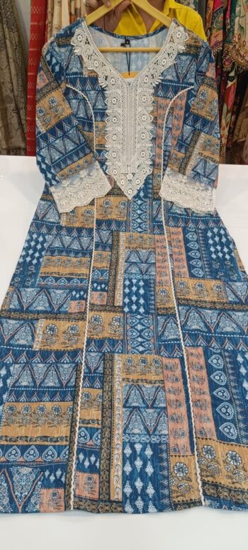 Label khoj linen printed kurti with Crochio neck work