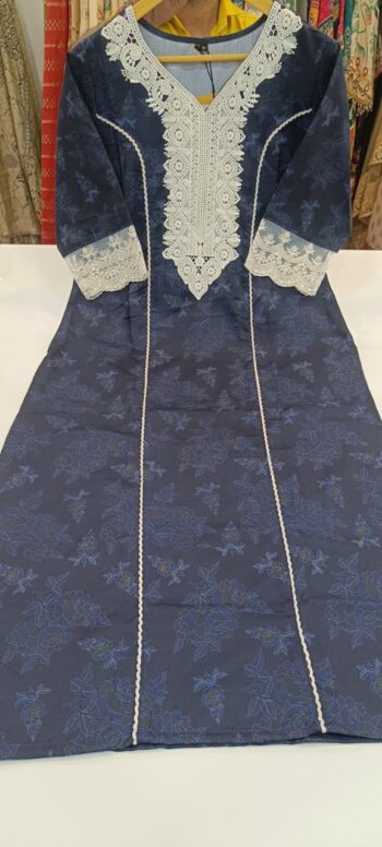 Label khoj linen printed kurti with Crochio neck work