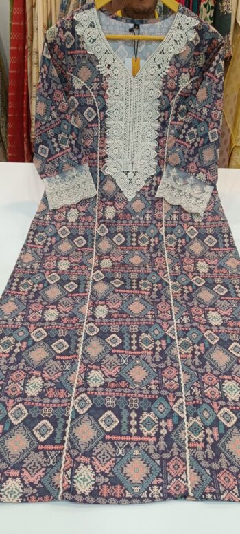 Label khoj linen printed kurti with Crochio neck work