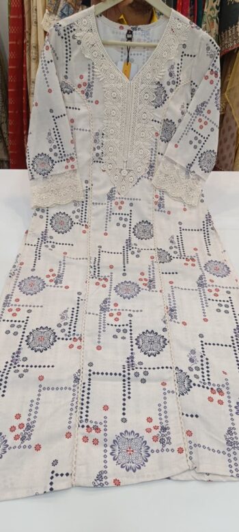 Label khoj linen printed kurti with Crochio neck work