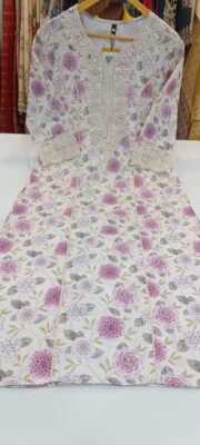 Label khoj linen printed kurti with Crochio neck work