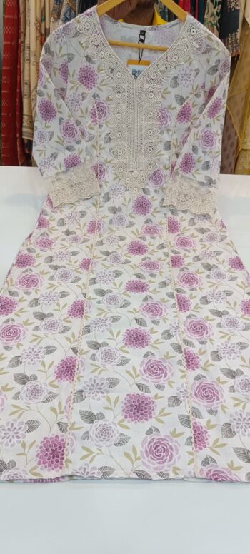 Label khoj linen printed kurti with Crochio neck work