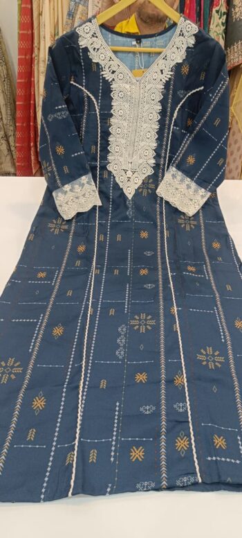 Label khoj linen printed kurti with Crochio neck work